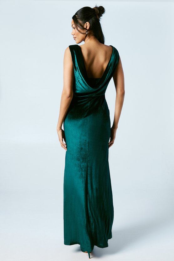 Karen Millen Cowl Back Velvet Bridesmaid Maxi Dress Forest