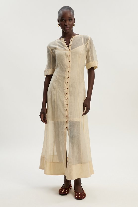 Karen Millen Crinkle Georgette Button Detail Woven Maxi Dress Nude