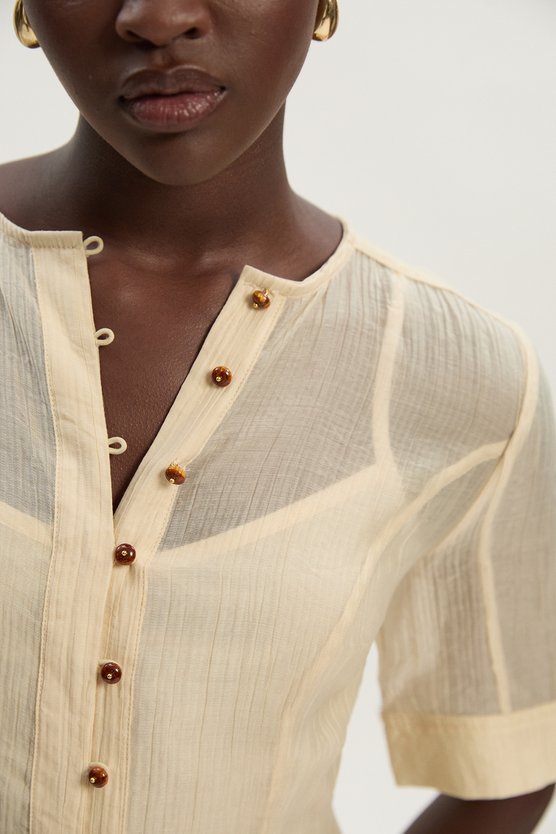 Karen Millen Crinkle Georgette Button Detail Woven Maxi Dress Nude