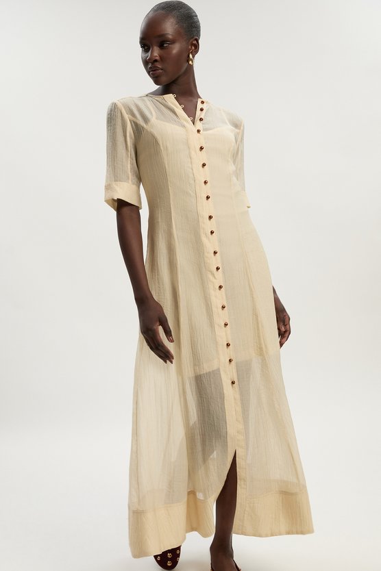 Karen Millen Crinkle Georgette Button Detail Woven Maxi Dress Nude