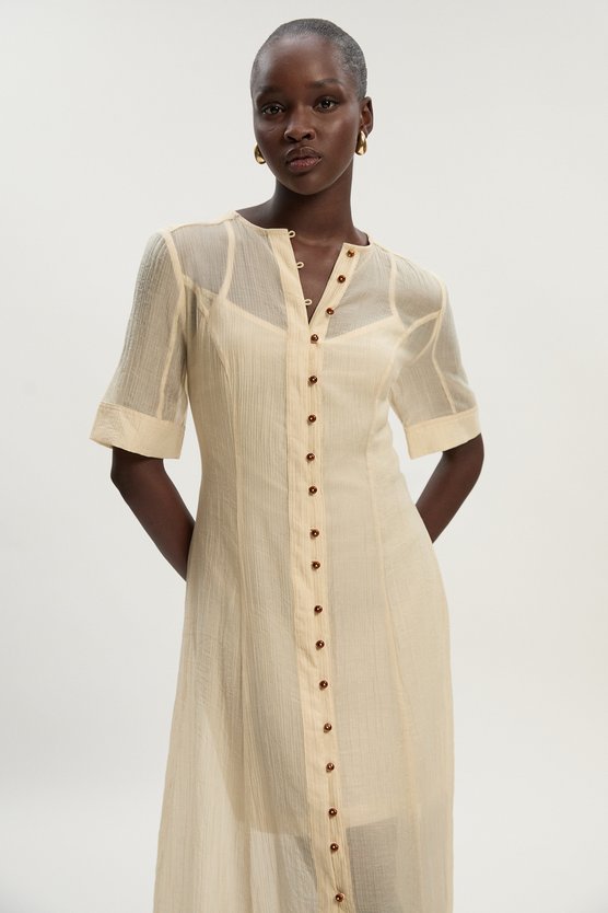 karen millen Crinkle Georgette Button Detail Woven Maxi Dress nude