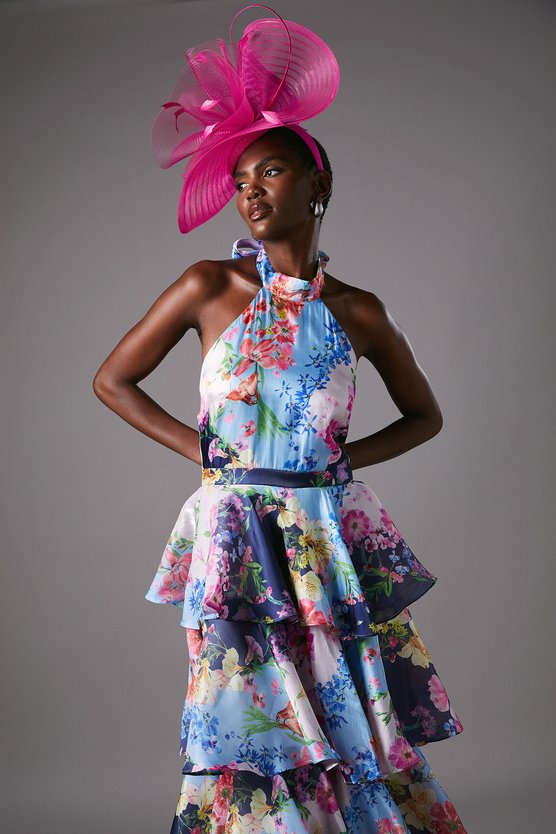 Karen Millen Cross Neck Printed Frill Skirt Maxi Dress Navy