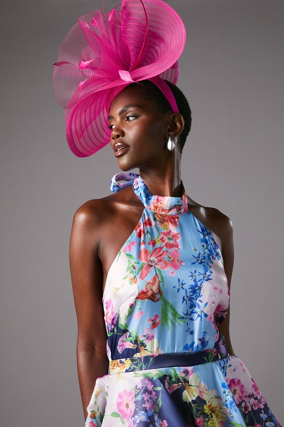 Karen Millen Cross Neck Printed Frill Skirt Maxi Dress Navy