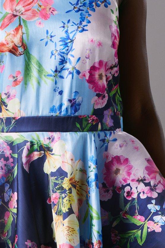 Karen Millen Cross Neck Printed Frill Skirt Maxi Dress Navy