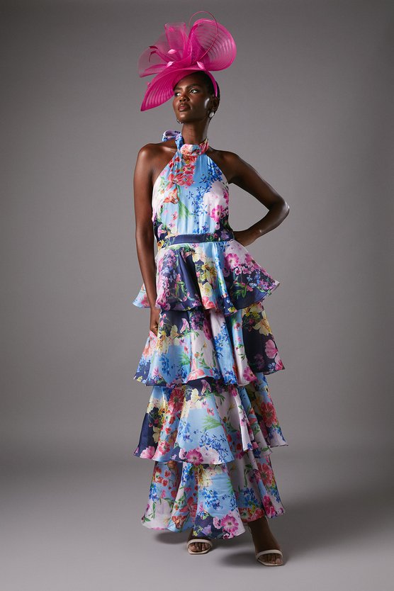 karen millen Cross Neck Printed Frill Skirt Maxi Dress navy