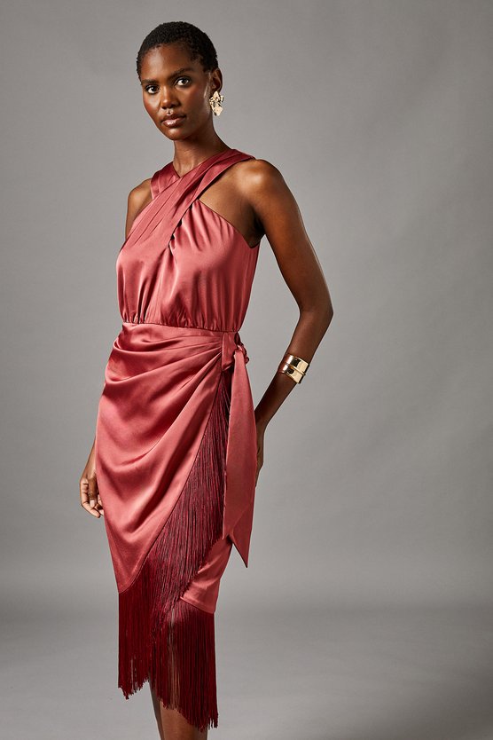Karen Millen Cross Neck Wrap Skirt Fringe Midi Dress Rust