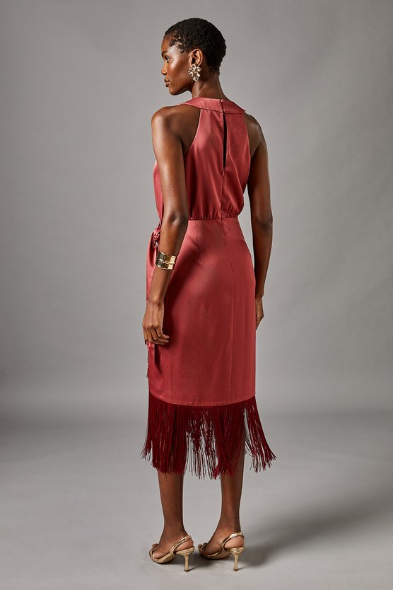 Karen Millen Cross Neck Wrap Skirt Fringe Midi Dress Rust