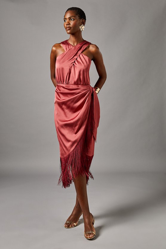 karen millen Cross Neck Wrap Skirt Fringe Midi Dress rust