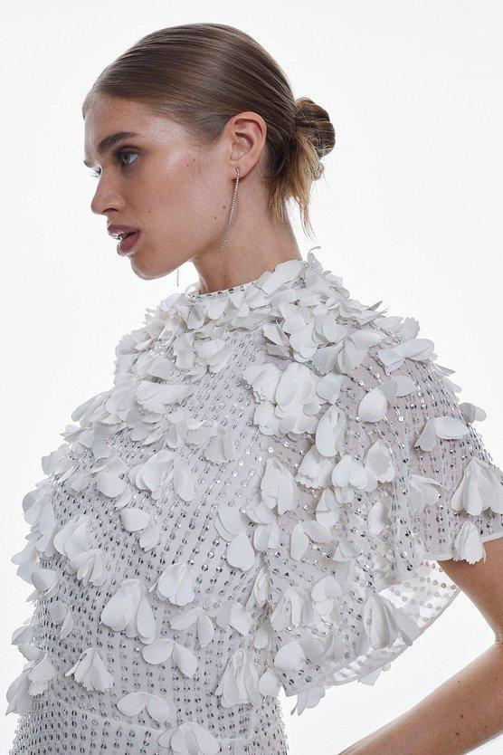 Karen Millen Crystal Applique Angel Sleeve Woven Maxi Dress Ivory