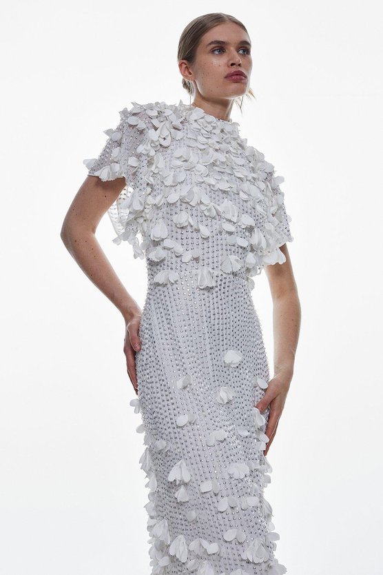 Karen Millen Crystal Applique Angel Sleeve Woven Maxi Dress Ivory