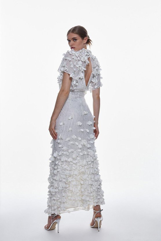 Karen Millen Crystal Applique Angel Sleeve Woven Maxi Dress Ivory