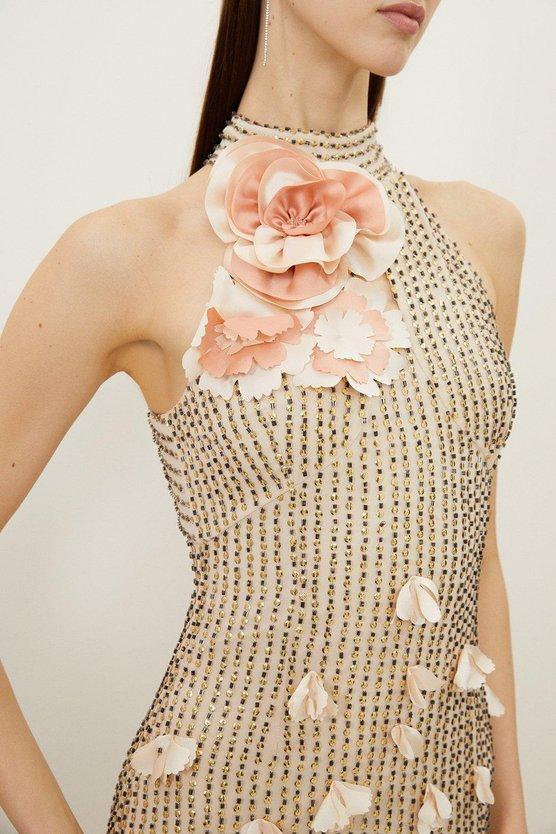 Karen Millen Crystal Applique Woven Maxi Rosette Maxi Dress Gold