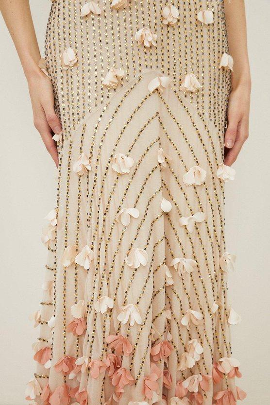 Karen Millen Crystal Applique Woven Maxi Rosette Maxi Dress Gold