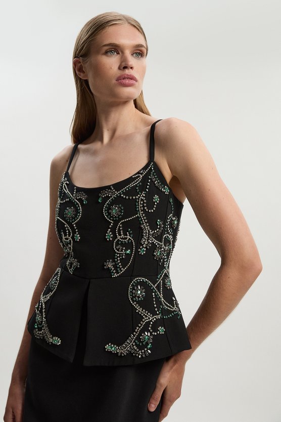 Karen Millen Crystal Embellished Peplum Bandeau Pencil Midi Dress Black