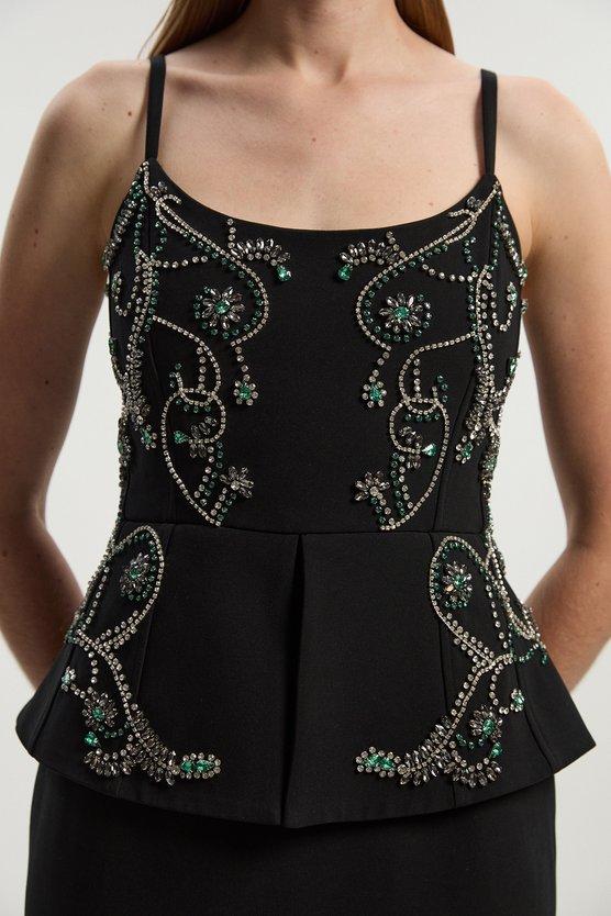 Karen Millen Crystal Embellished Peplum Bandeau Pencil Midi Dress Black