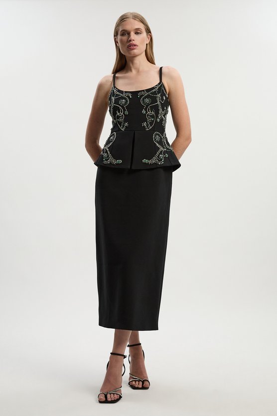 karen millen Crystal Embellished Peplum Bandeau Pencil Midi Dress black karen millen Crystal Embellished Peplum Bandeau Pencil Midi Dress black