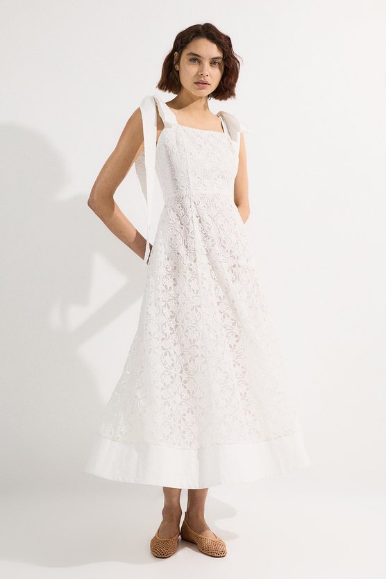 Karen Millen Cutwork Embroidery Woven Midi Prom Dress Ivory