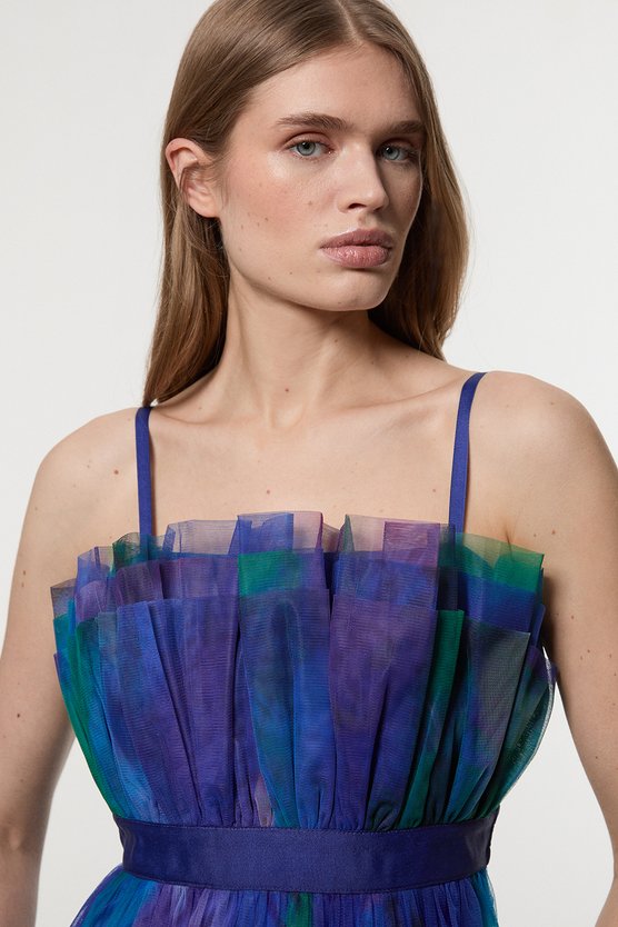 Karen Millen Dark Floral Tulle Bandeau Tiered Midi Woven Dress Blue