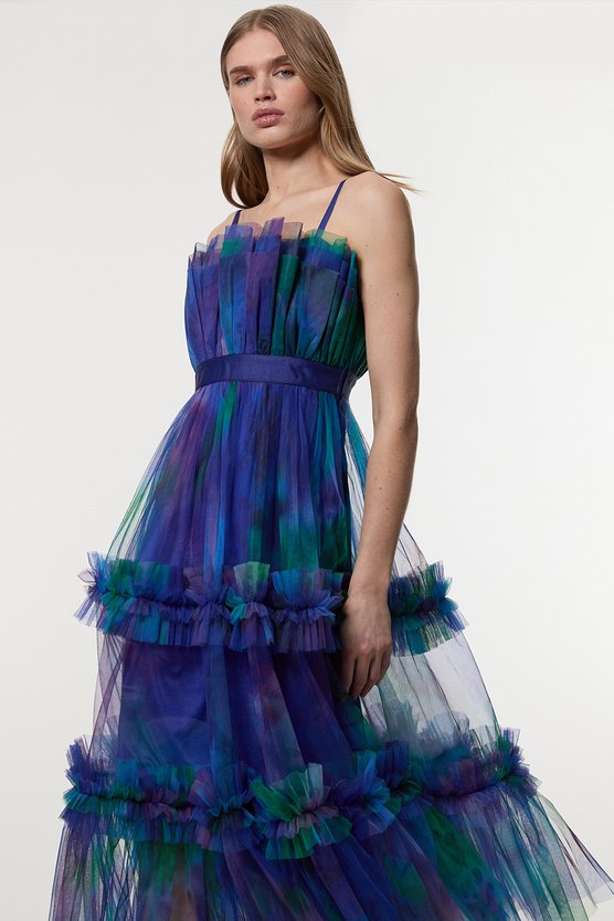 Karen Millen Dark Floral Tulle Bandeau Tiered Midi Woven Dress Blue