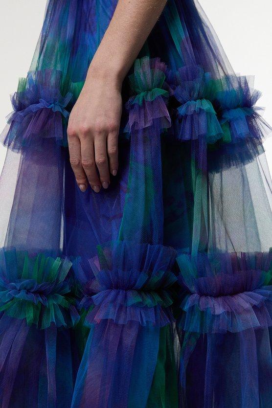 Karen Millen Dark Floral Tulle Bandeau Tiered Midi Woven Dress Blue