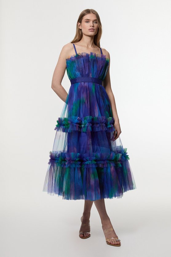 karen millen Dark Floral Tulle Bandeau Tiered Midi Woven Dress blue