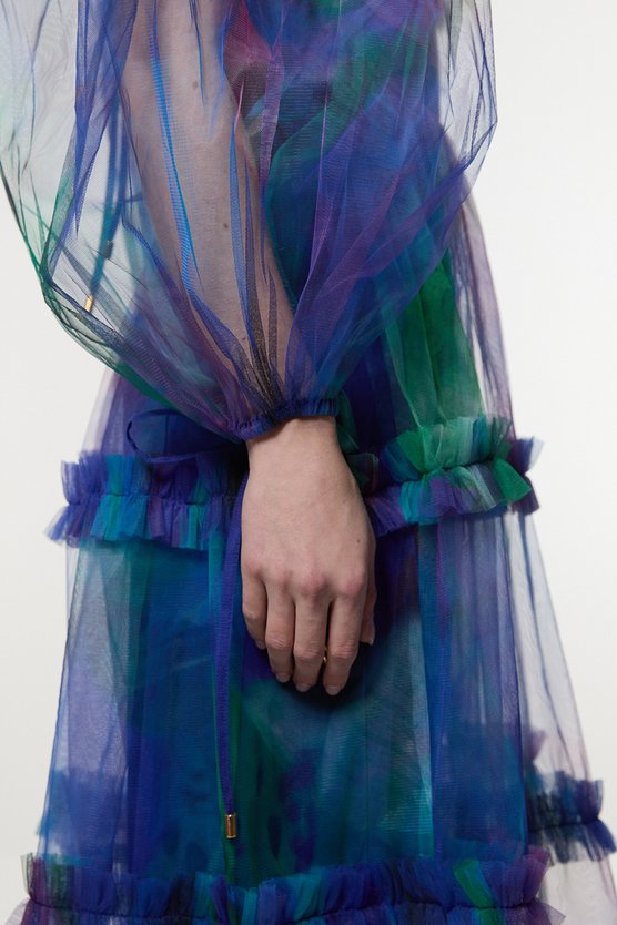 Karen Millen Dark Floral Tulle Plunge Balloon Sleeve Maxi Dress Blue