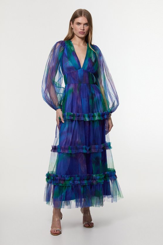 Karen Millen Dark Floral Tulle Plunge Balloon Sleeve Maxi Dress Blue