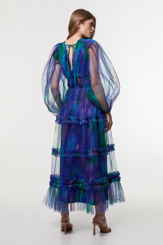 Karen Millen Dark Floral Tulle Plunge Balloon Sleeve Maxi Dress Blue