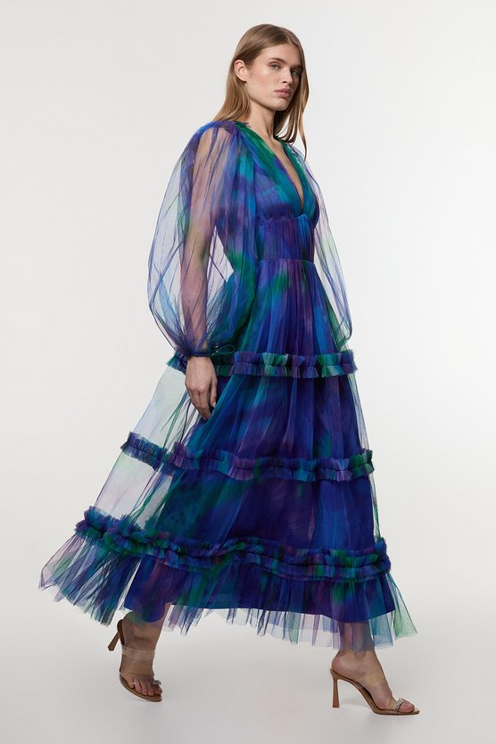 karen millen Dark Floral Tulle Plunge Balloon Sleeve Maxi Dress blue