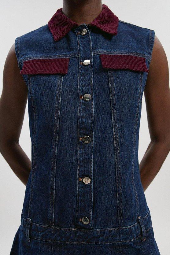 Karen Millen Denim And Cord Mix Mini Dress Dark Blue