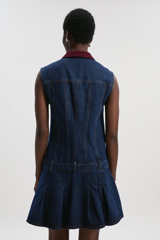 Karen Millen Denim And Cord Mix Mini Dress Dark Blue