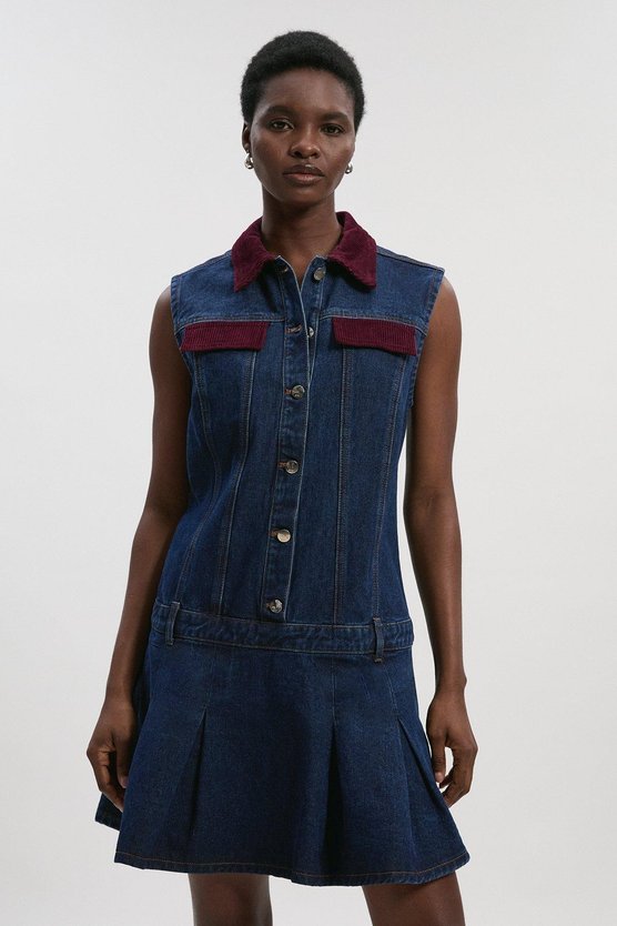 karen millen Denim and Cord Mix Mini Dress dark blue karen millen Denim and Cord Mix Mini Dress dark blue