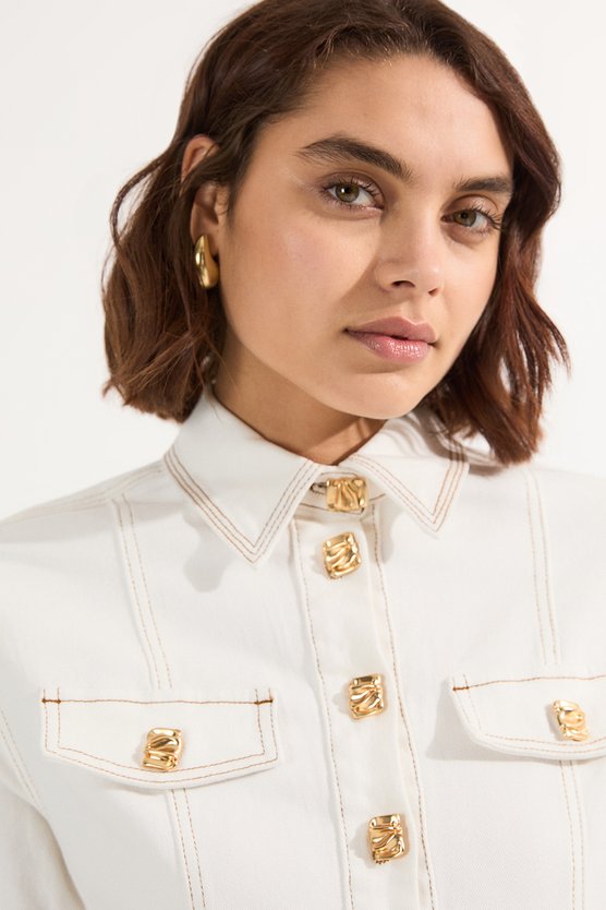 Karen Millen Denim Button Front Short Sleeve Pencil Midi Dress Ivory