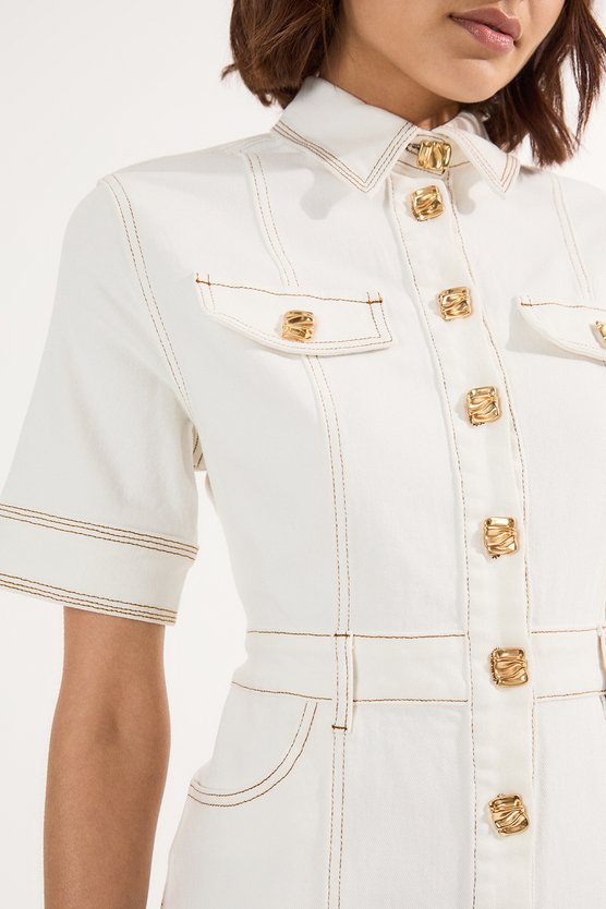 Karen Millen Denim Button Front Short Sleeve Pencil Midi Dress Ivory