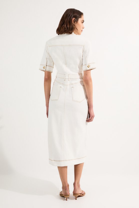 Karen Millen Denim Button Front Short Sleeve Pencil Midi Dress Ivory