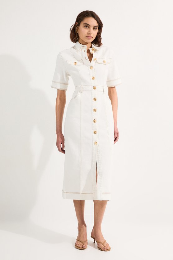 karen millen Denim Button Front Short Sleeve Pencil Midi Dress ivory