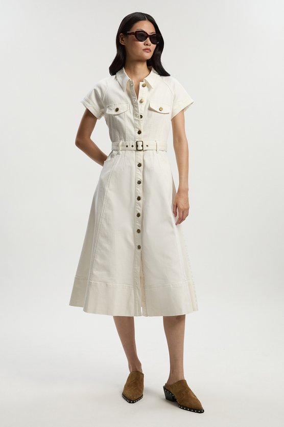 Karen Millen Denim Corset Waist Detail Full Midi Dress Cream