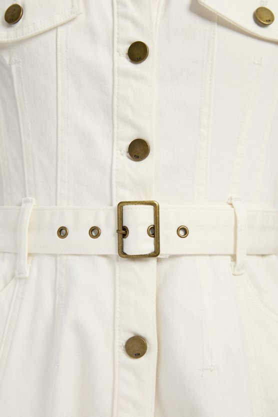 Karen Millen Denim Corset Waist Detail Full Midi Dress Cream