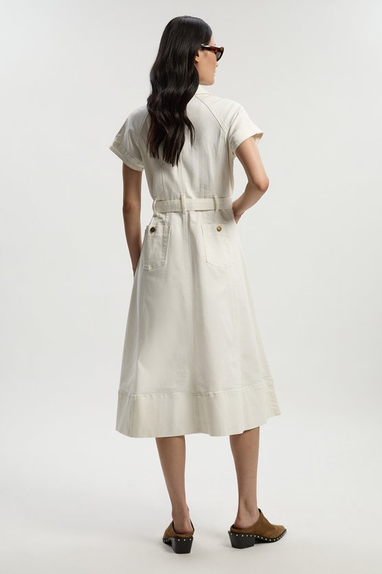 Karen Millen Denim Corset Waist Detail Full Midi Dress Cream