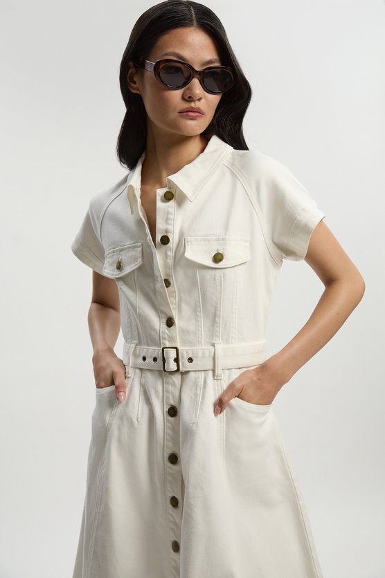 karen millen Denim Corset Waist Detail Full Midi Dress cream