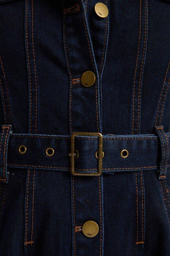 Karen Millen Denim Corset Waist Detail Full Midi Dress Dark Blue