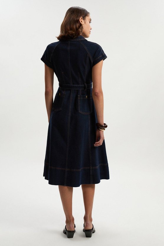Karen Millen Denim Corset Waist Detail Full Midi Dress Dark Blue