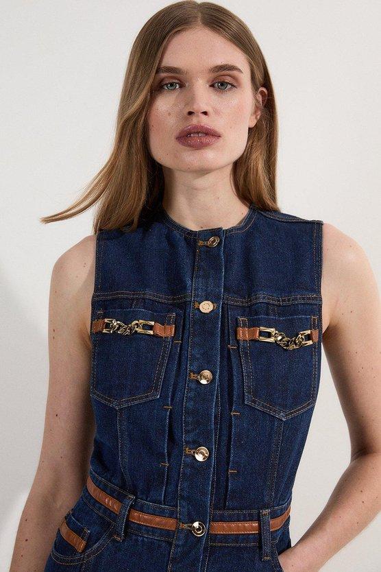 Karen Millen Denim & Faux Leather Tipping Sleeveless Midi Dress Dark Wash