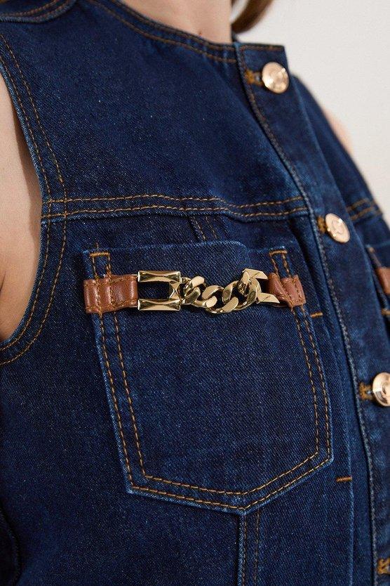 Karen Millen Denim & Faux Leather Tipping Sleeveless Midi Dress Dark Wash