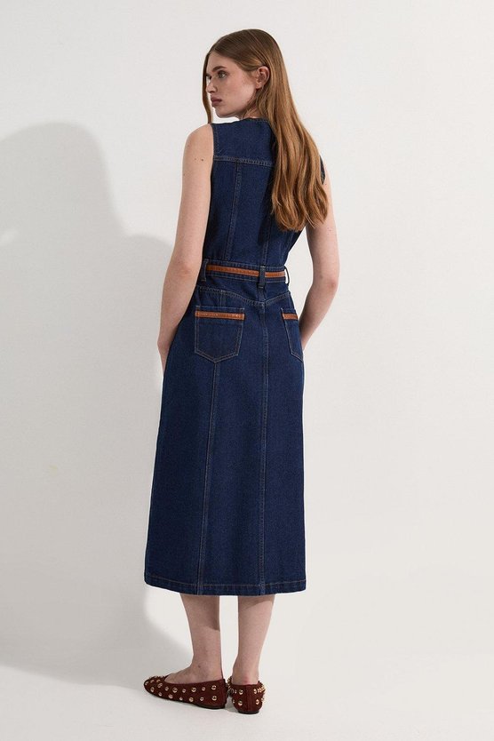 Karen Millen Denim & Faux Leather Tipping Sleeveless Midi Dress Dark Wash