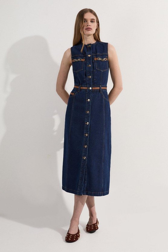 karen millen Denim & Faux Leather Tipping Sleeveless Midi Dress dark wash