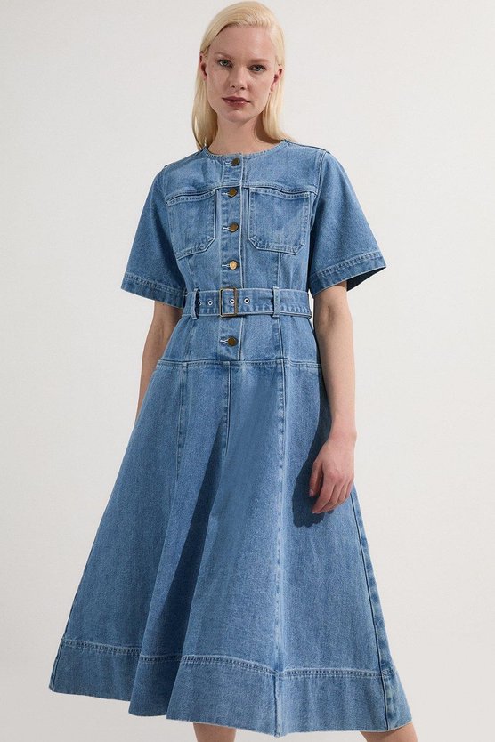 Karen Millen Denim Soft Wash Short Sleeve Belted Midi Dress Mid Blue
