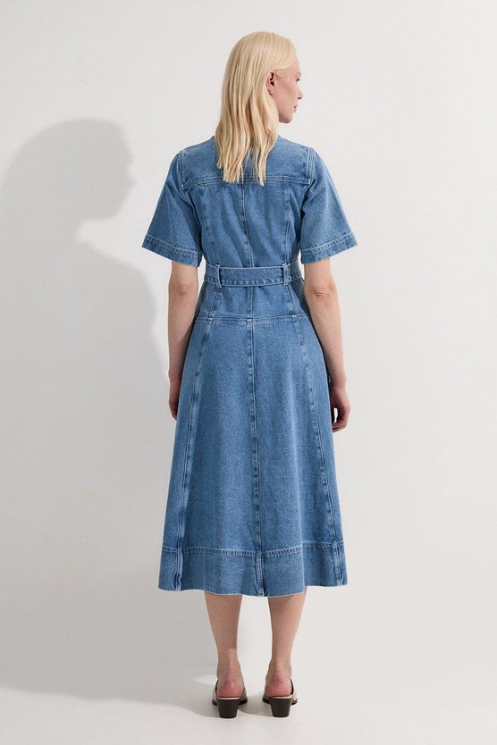 Karen Millen Denim Soft Wash Short Sleeve Belted Midi Dress Mid Blue