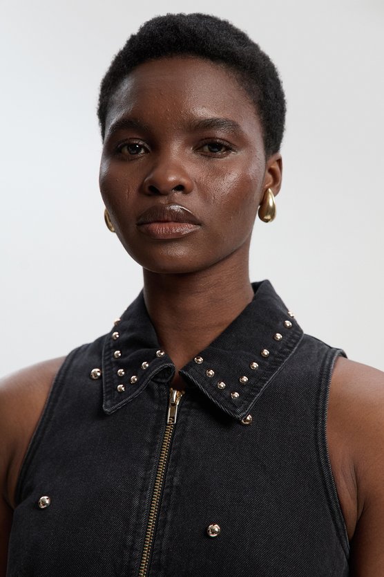 Karen Millen Denim Studded Sleeveless Midi Dress Black