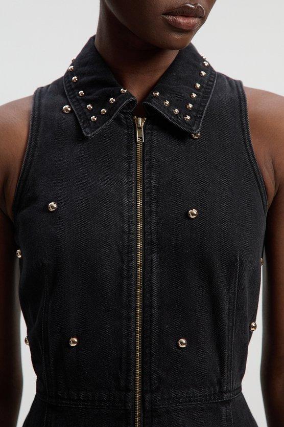 Karen Millen Denim Studded Sleeveless Midi Dress Black